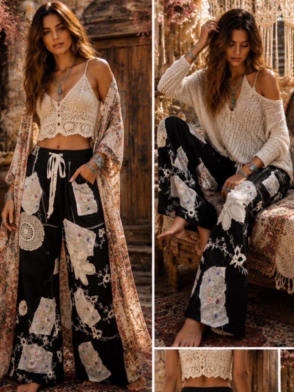 🆕 POL black patchwork relaxed cotton wide-leg pants/crochet and embroidered NWOT